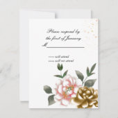 Roze en bronzen waterverf pioenroos antwoordkaart RSVP kaartje (Voorkant)