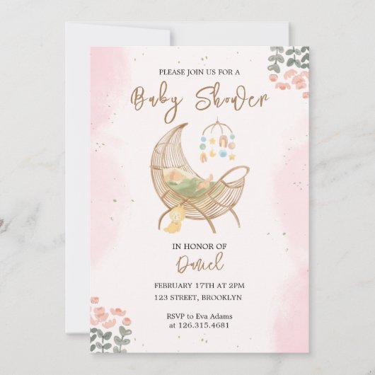 Roze en Bruin Cradle Baby shower Invitation Kaart (Voorkant)