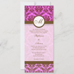 Roze en bruin Damask Monogram Wedding Uitnodiging