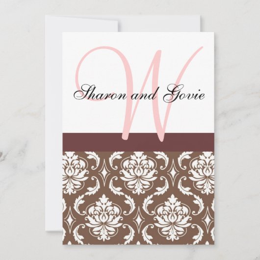 Roze en bruin Damask Monogram Wedding Uitnodiging (Voorkant)
