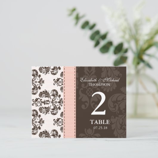 Roze en bruin  Damask Trouwtafel Nummer Briefkaart (Staand voorkant)
