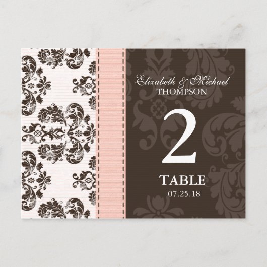 Roze en bruin  Damask Trouwtafel Nummer Briefkaart (Voorkant)