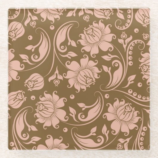 Roze en bruin Floral Pattern Glazen Onderzetter (Voorkant)