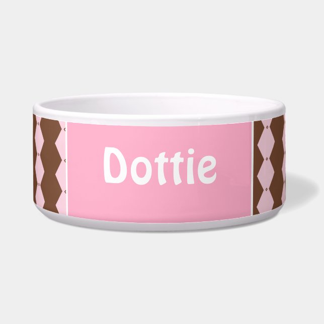 Roze en bruin gepersonaliseerd voerbakje (Voorkant)