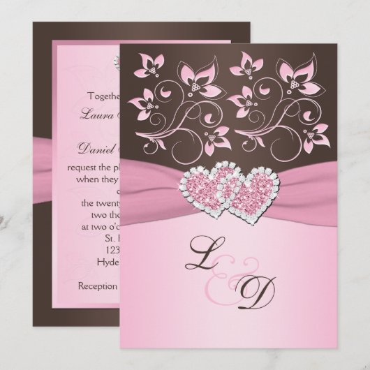 Roze en Bruin Gevoegd Monogram Uitnodiging tot het (Voorkant / Achterkant)