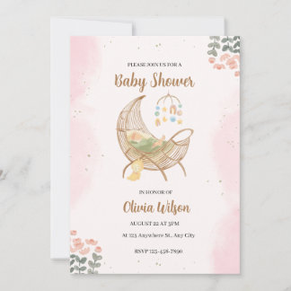 Roze en Bruin Illustratief Baby shower Uitnodiging
