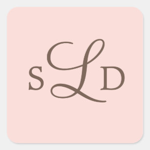 Roze en Bruin Monogram Bruiloft Vierkante Sticker