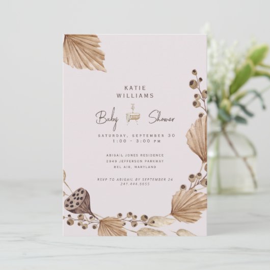 Roze en bruin Pampas Baby shower Kaart (Staand voorkant)