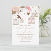 Roze en Bruine  Birdcages Wedding Kaart (Staand voorkant)