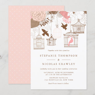 Roze en Bruine Birdcages Wedding Kaart