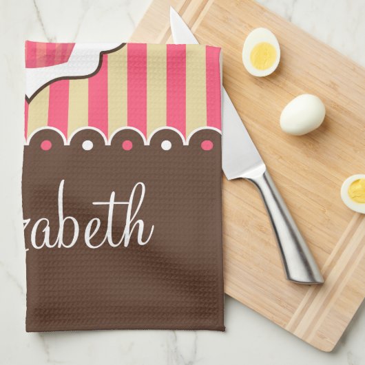 Roze en bruine crème met aangepaste naam theedoek (Quarter Fold)