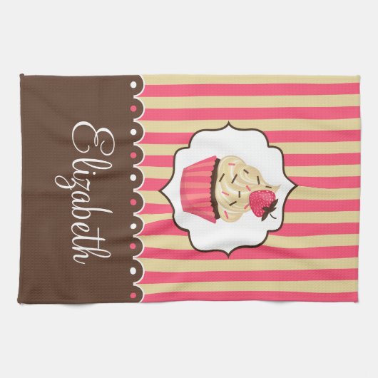 Roze en bruine crème met aangepaste naam theedoek (Horizontaal)