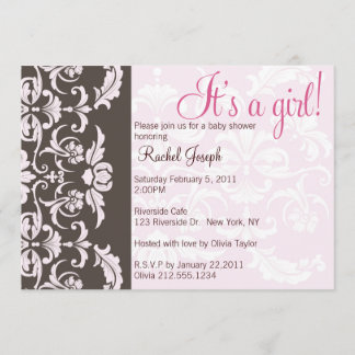 Roze en bruine Damask Baby Girl Shower Invite Kaart