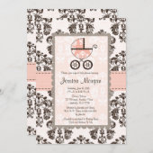 Roze en bruine Damask Baby Shower-uitnodigingen Kaart (Voorkant / Achterkant)