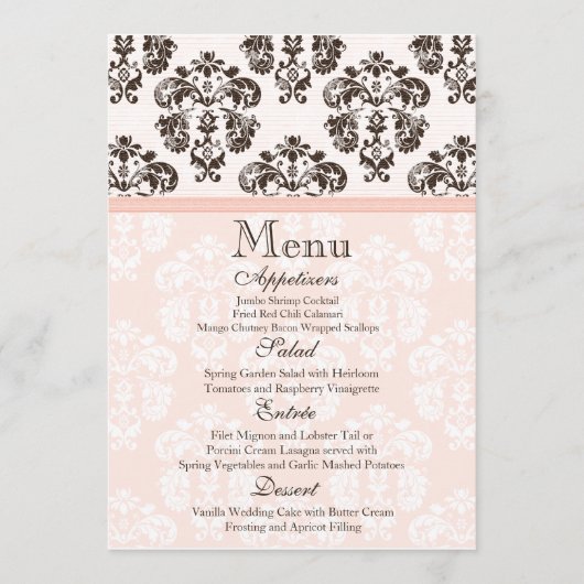 Roze en bruine  Damask Wedding-menukaart Menu (Voorkant)