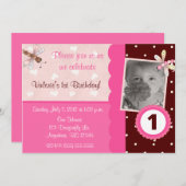 Roze en bruine dragonfly Girls Birthday Invitation Kaart (Voorkant / Achterkant)