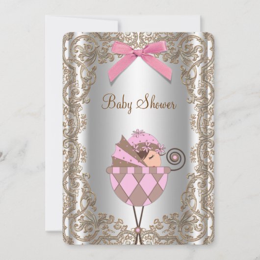Roze en bruine kant Baby shower Kaart (Voorkant)