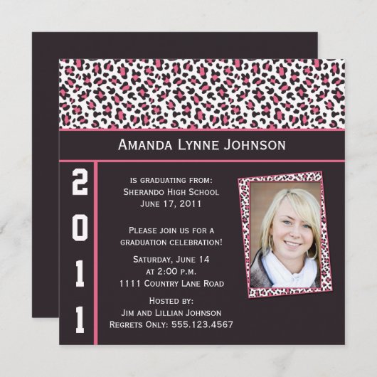 Roze en Bruine Leopard Print Afstuderen Uitnodigin Kaart (Voorkant / Achterkant)