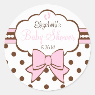 Roze en Bruine Polka Dots Met Baby Voetafdrukken Ronde Sticker