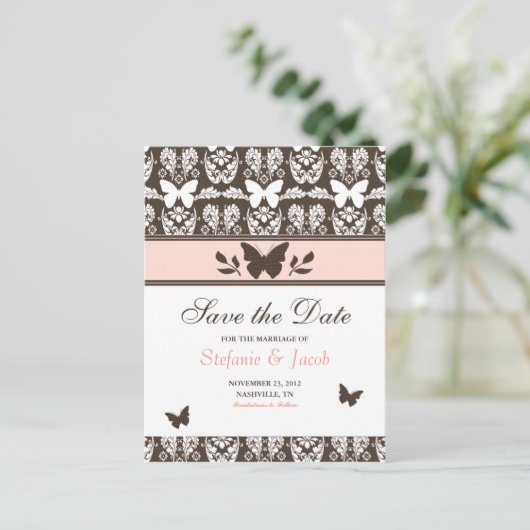 Roze en bruine vlinder Save The Date Briefkaart (Staand voorkant)