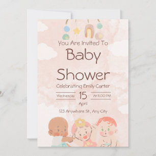 Roze en bruine waterverf babyshower uitnodiging
