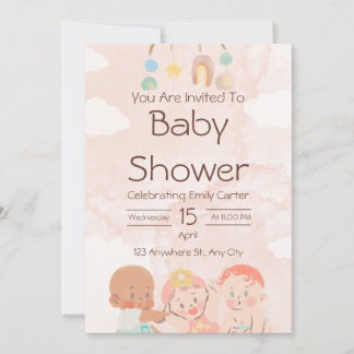 Roze en bruine waterverf babyshower uitnodiging