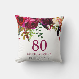 Roze en Burgundy Boho Floral 80th Birthday Gift Kussen