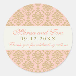 Roze en Champagnetinten Gouden Damast Bruiloft Ronde Sticker