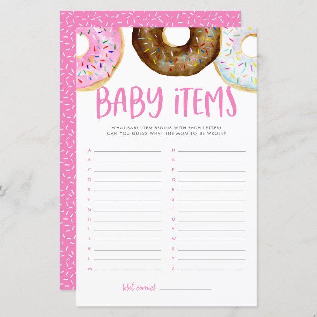 Roze en chocolade donuts Baby Items Shower Game (Voorkant / Achterkant)