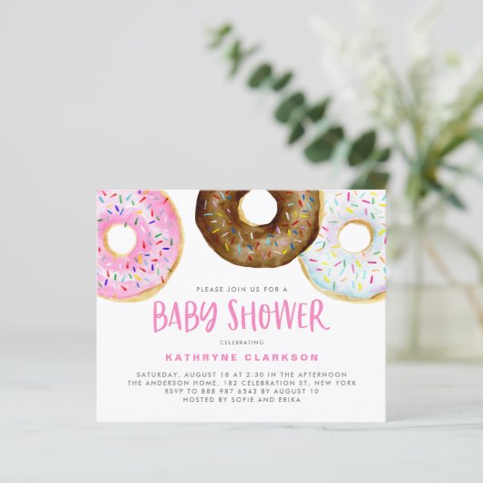 Roze en chocolade Donuts Baby shower Uitnodiging (Staand voorkant)