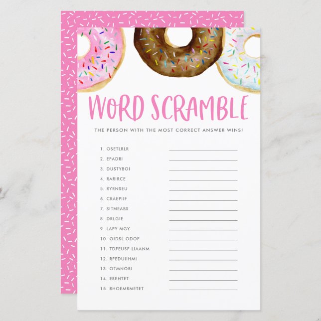 Roze en chocolade Donuts Baby Word Scramble Game (Voorkant / Achterkant)