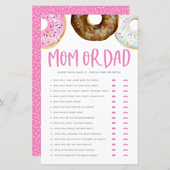 Roze en chocolade Donuts mam of pap Shower Game (Voorkant / Achterkant)