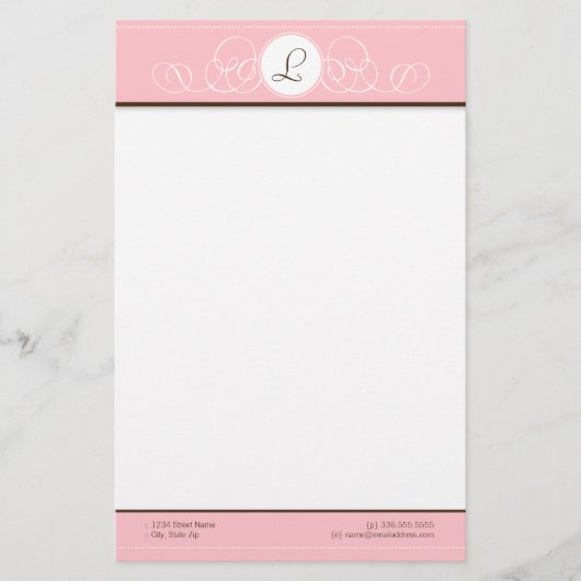 Roze en chocolade Roze monogram Briefpapier (Voorkant)