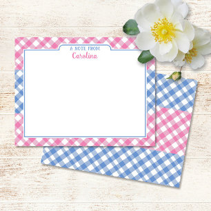 Roze en cornflower Blue Preppy Gingham Stationery Notitiekaartje