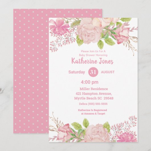 Roze en Cream Floral Baby shower Kaart (Voorkant / Achterkant)