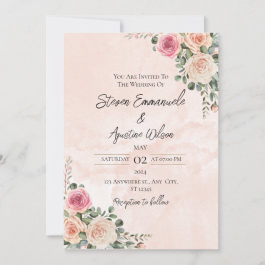 Roze en Crème Bloemen Huwelijksuitnodiging Kaart (Voorkant)
