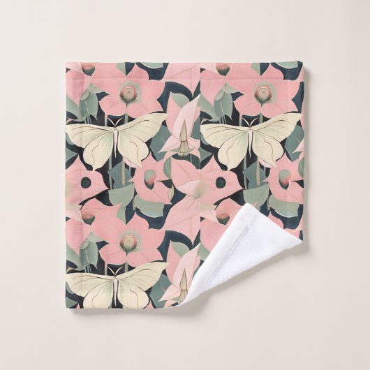 Roze en crème - Luna Moth en Moonflower Bad Handdoek (Wasdoekje)