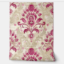 Roze en Crème Waterverf Damask en Faux Pearls Behang