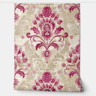 Roze en Crème Waterverf Damask en Faux Pearls Behang