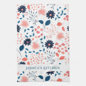 Roze en donkerblauw schattig bloespatroon theedoek