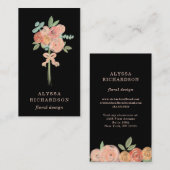 roze en doorschijnende bloemen en goud | Zwart Visitekaartje (Voorkant / Achterkant)