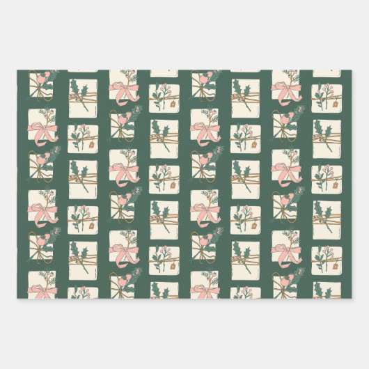 Roze en Evergreen Pset Holiday Inpakpapier Vel (Voorkant)