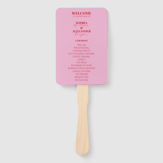 Roze en felrode bruiloft programma Set van fans Handwaaier (Voorkant)