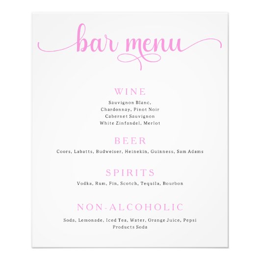 Roze en Gebroken Witte Huwelijksbar Menu Poster (Voorkant)
