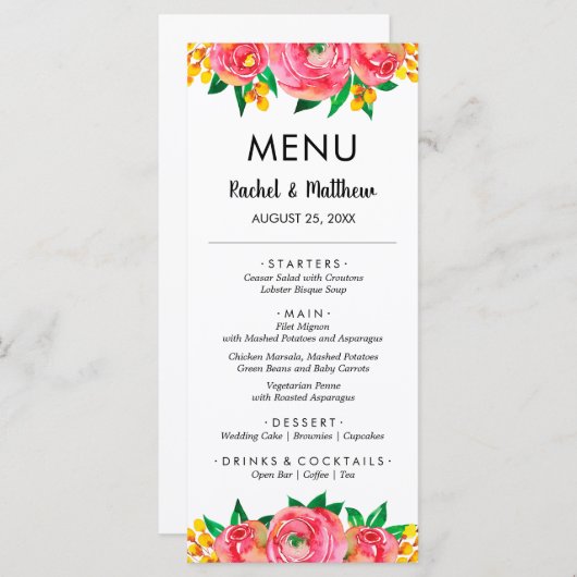 Roze en Geel Bloemen Waterverf Bruiloft Menu (Voorkant / Achterkant)