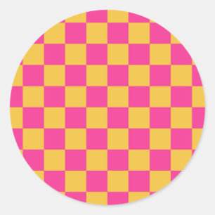 Roze en Geel Dambord Ronde Sticker