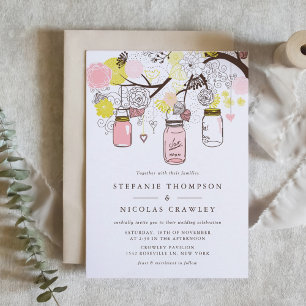Roze en Geel Hanging Mason Jars Wedding Kaart