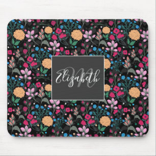  roze en geel, klein, Floral zwart design Muismat
