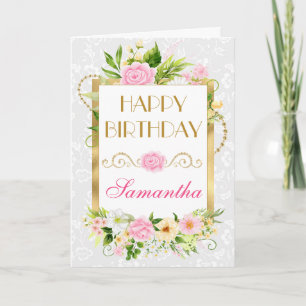 Roze en Geel Zomer Bloemen Gouden Folie Verjaardag Kaart