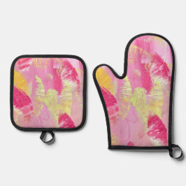 Roze en Gele Abstracte Kunst Ovenwant & Pannenlap Set